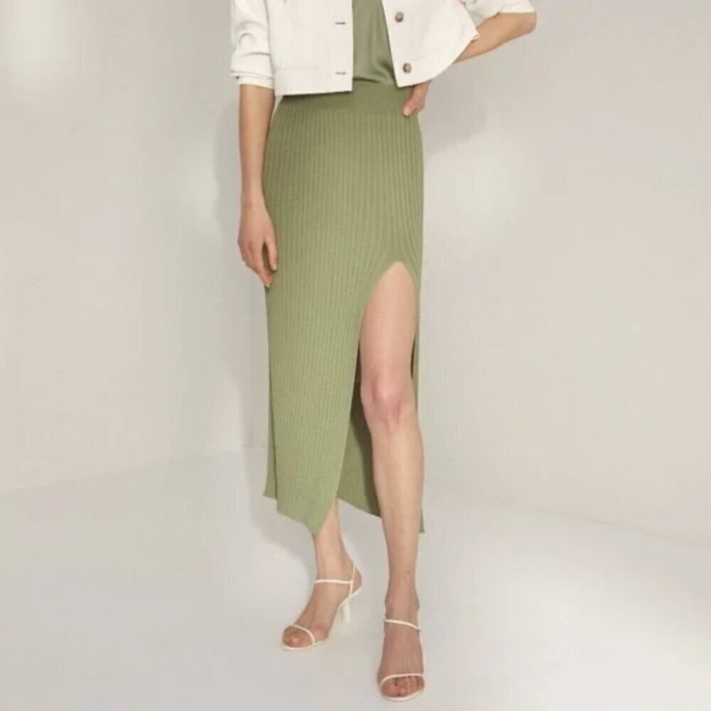 Aritzia Wilfred Zeta Ribbed Midi Skirt with Slit Olive Green Size Small - Picture 4 of 9